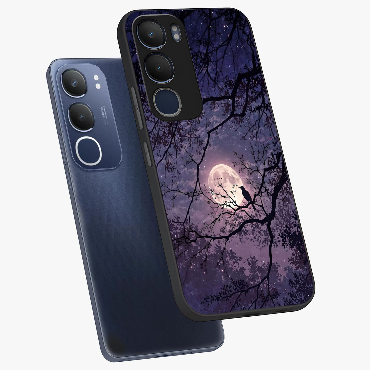 Whispering Moon Silence Glass Case displayed in angled mockup highlighting calm lunar design with dreamy night aesthetic.