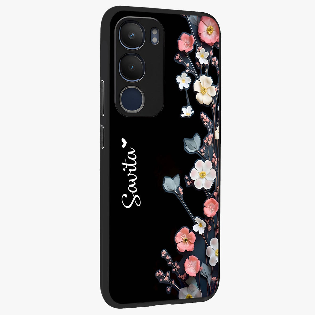 Black Elegance Floral Custom Name Glass Case upright view showcasing luxurious black floral design with personalized name detail.