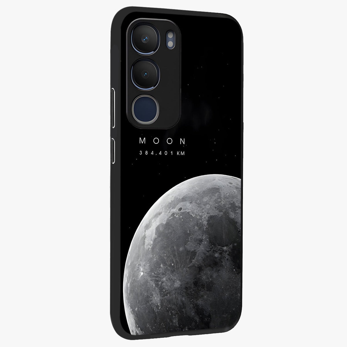 Cosmic Moon Glow Glass Case upright view showcasing luminous moon illustration with dreamy cosmic style.