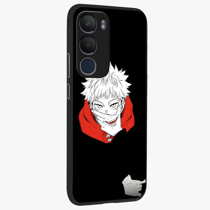 Crimson Chaos Smile Glass Case upright view showcasing expressive chaotic artwork with striking visual theme.