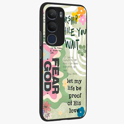 Faith Over Fear Glass Case upright view showcasing bold typography artwork with uplifting motivational theme.