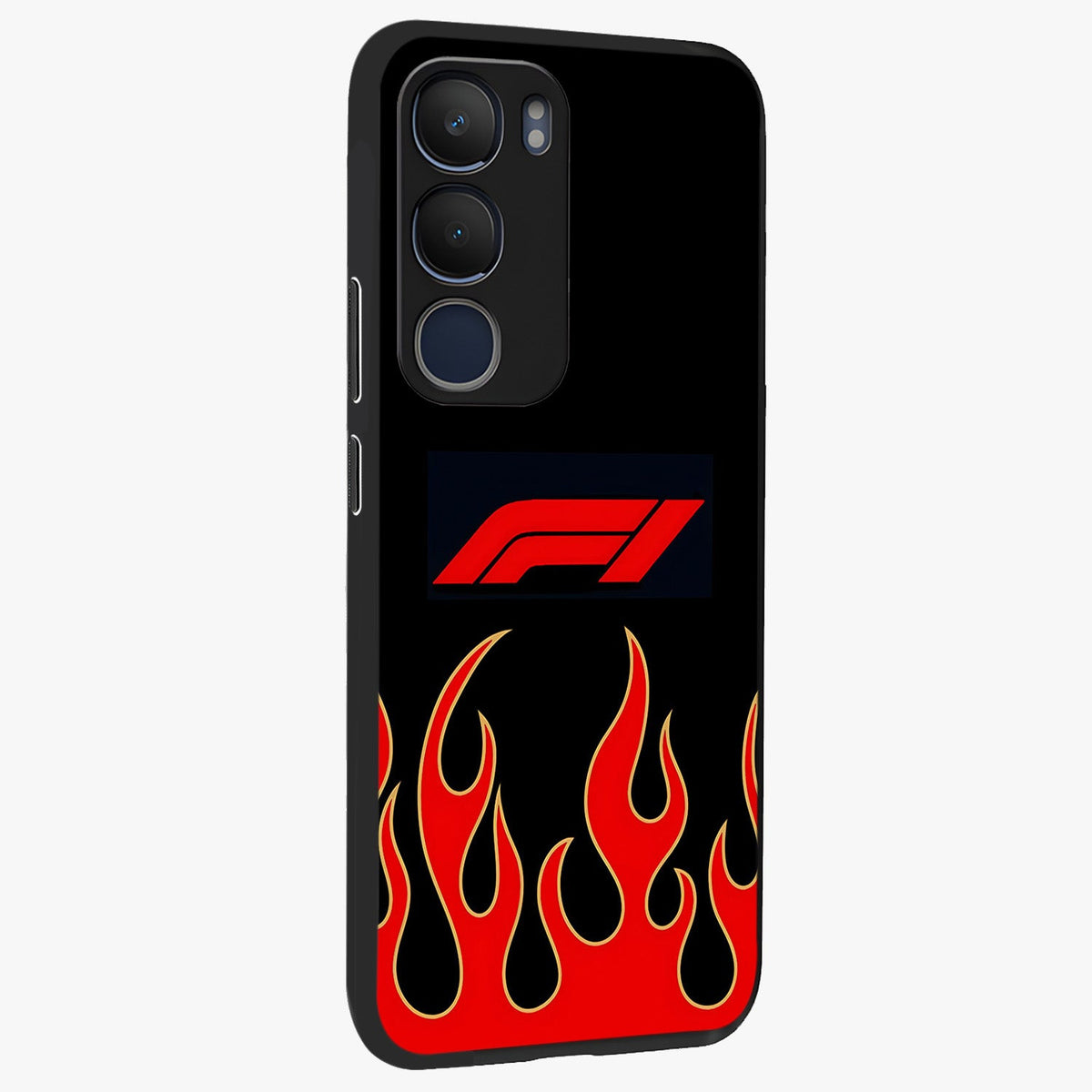 Fire F11 Glass Case upright view showcasing dynamic flame artwork with intense visual theme.