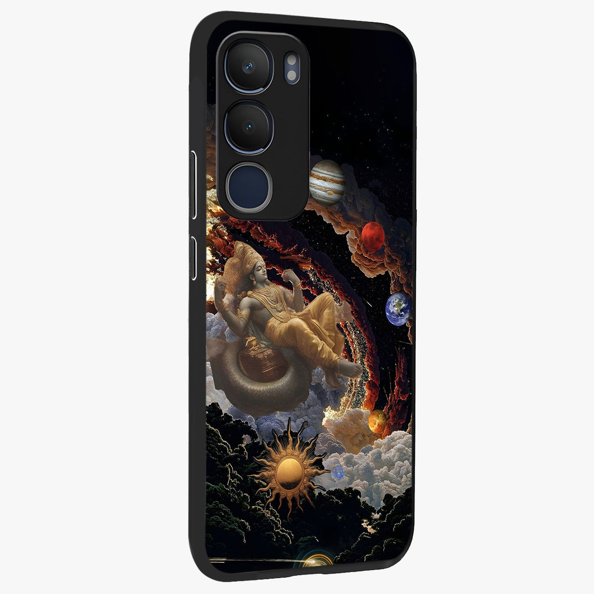 Galactic Divine God Glass Case upright view showcasing mystical divine artwork with dramatic cosmic theme.
