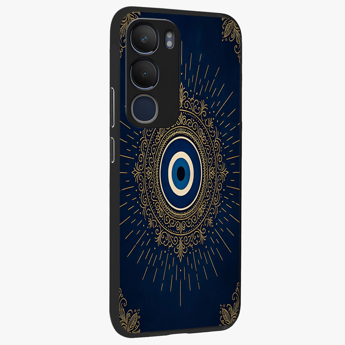Golden Celestial Charm Glass Case upright view showcasing radiant celestial artwork with elegant golden theme.