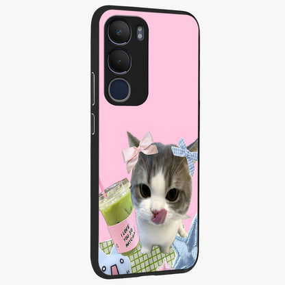 Love Matcha Cat Glass Case upright view showcasing adorable cat artwork with charming matcha themed design.