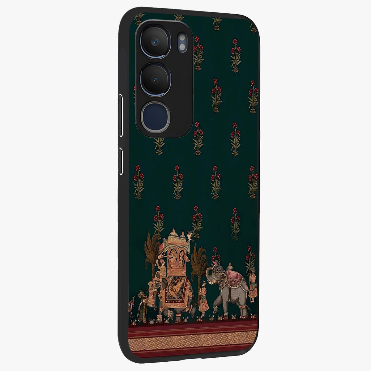 Macmerise Glass Case upright view showcasing bold artistic artwork with contemporary design theme.