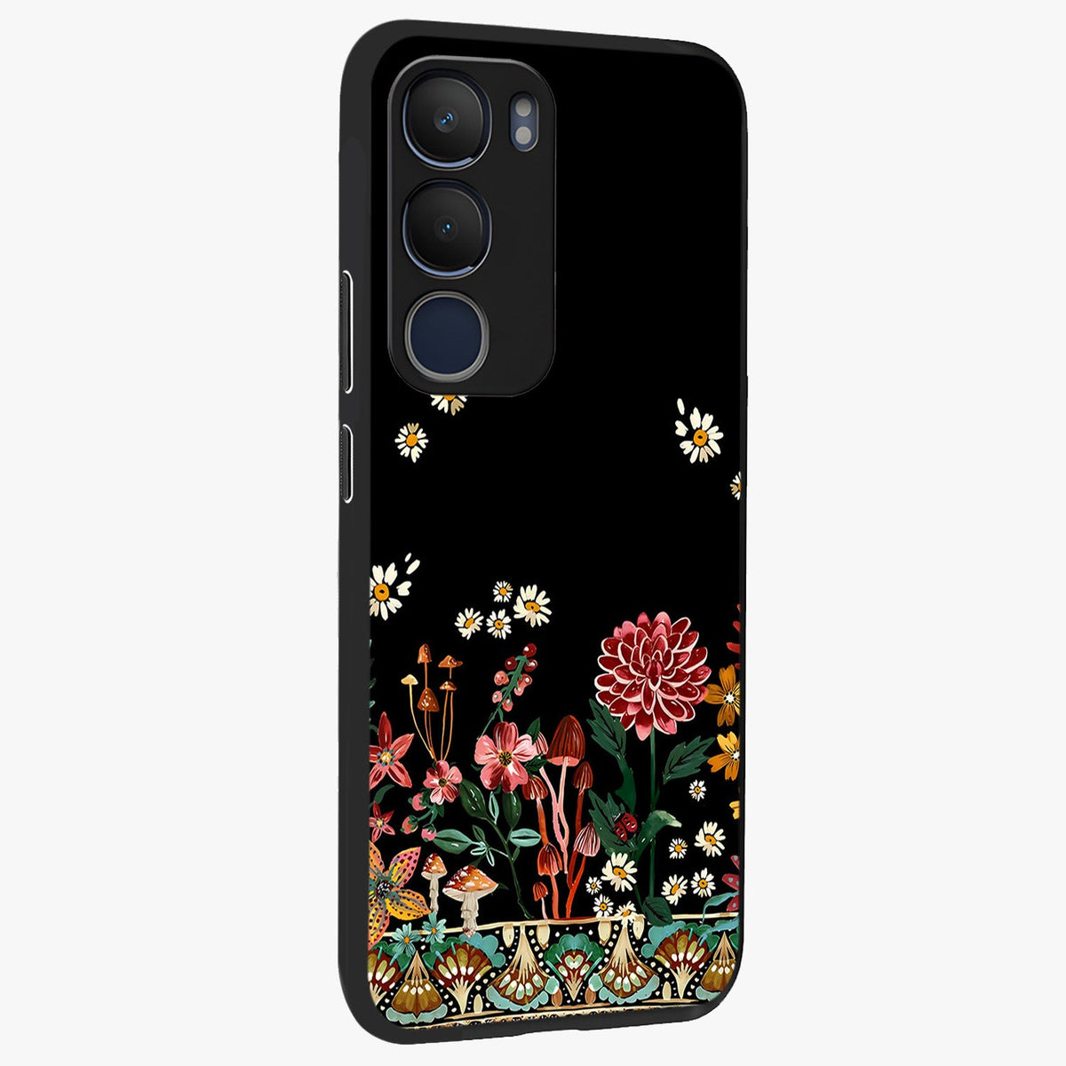 Midnight Bloom Pattern Glass Case upright view showcasing decorative floral artwork with deep night themed palette.