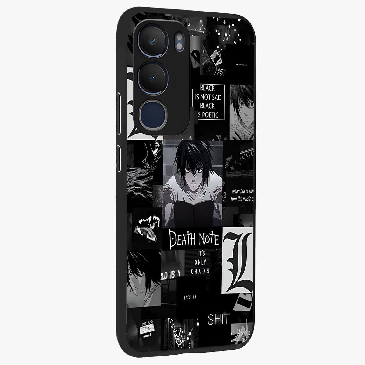 Midnight Chaos Mind Glass Case upright view showcasing expressive abstract artwork with bold dark theme.