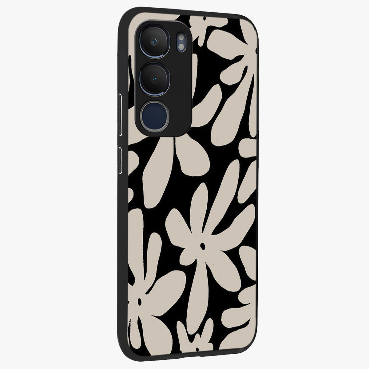 Monochrome Petal Dance Glass Case upright view showcasing artistic floral pattern with stylish monochrome theme.