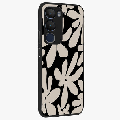 Monochrome Petal Dance Glass Case upright view showcasing artistic floral pattern with stylish monochrome theme.