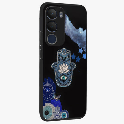 Mystic Hand Aura Glass Case upright view showcasing symbolic hand artwork with mystical energy theme.