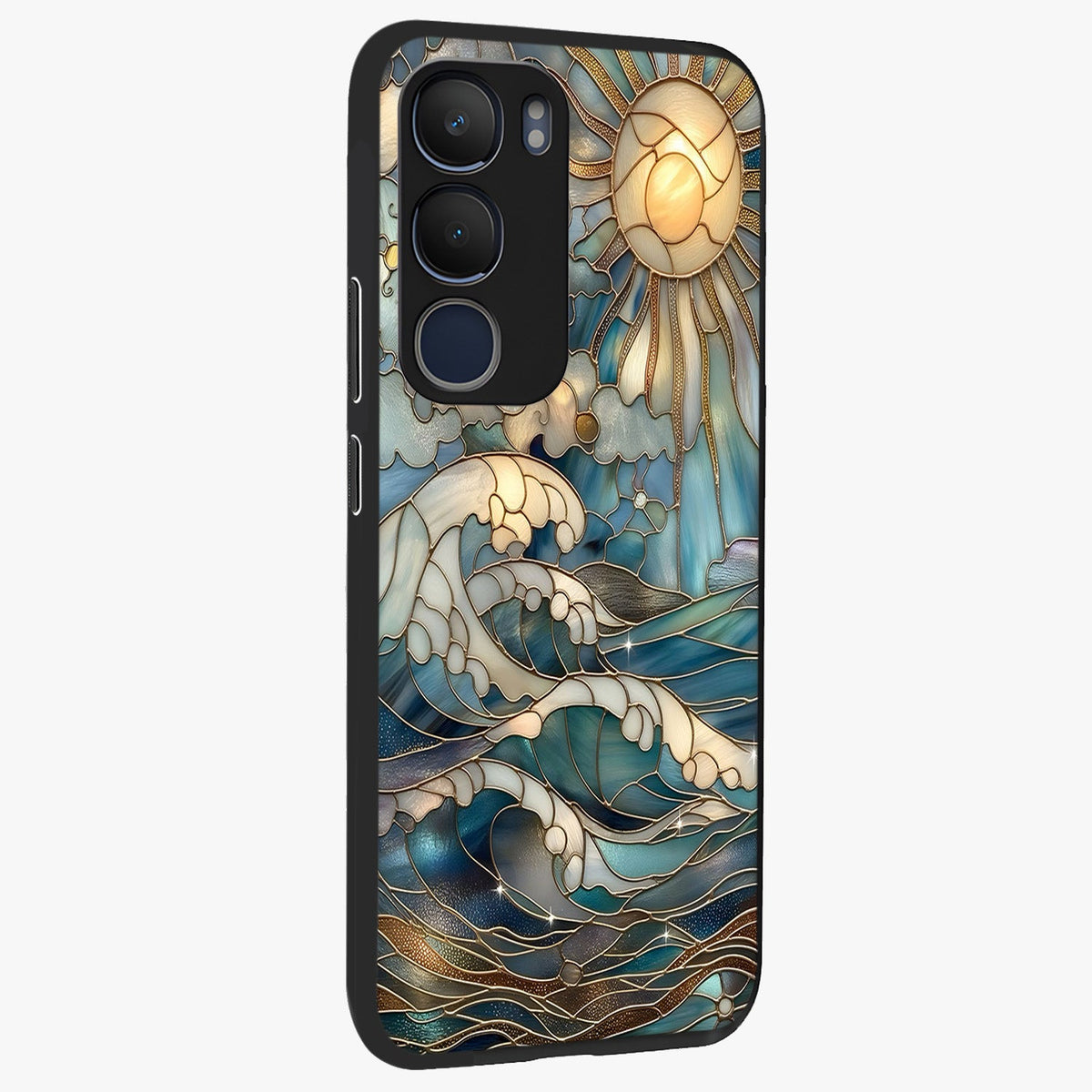 Oceanic Stained Printed Glass Case upright view showcasing decorative ocean pattern artwork with vibrant marine theme.