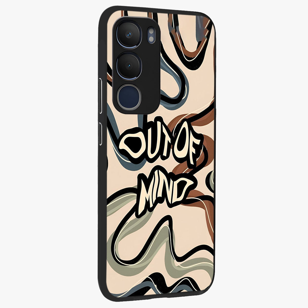Out Of Mind Glass Case upright view showcasing striking typography artwork with edgy conceptual theme.