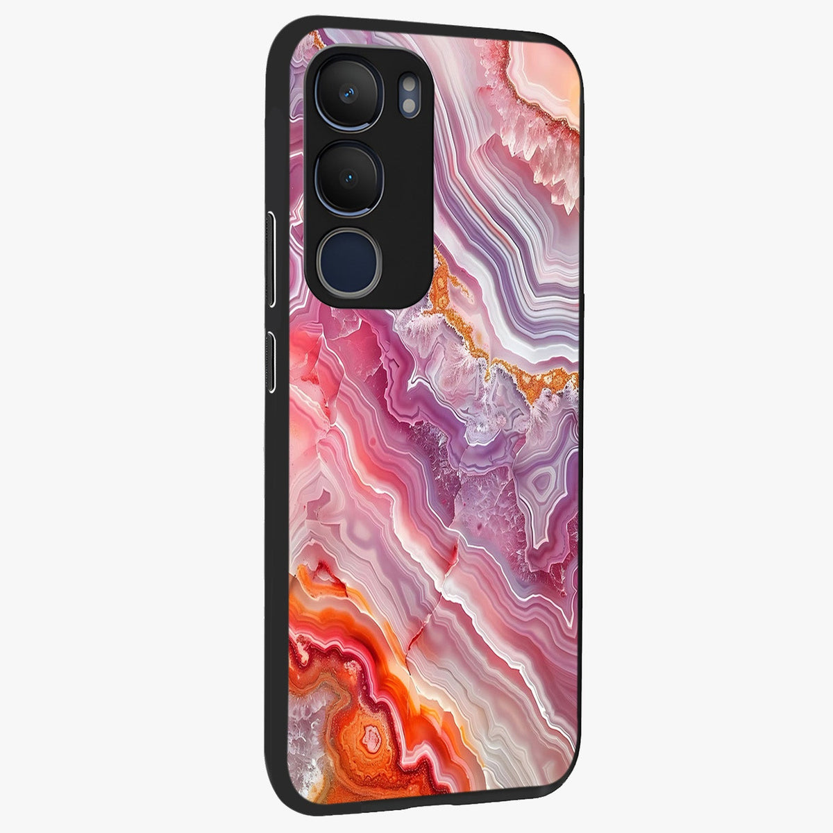 Rose Quartz Marble Glass Case upright view showcasing decorative marble artwork with luxurious pastel theme.