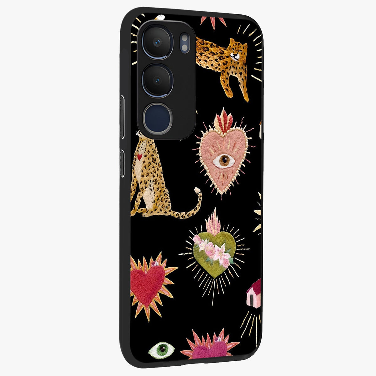 Sacred Jungle Heart Glass Case upright view showcasing vibrant jungle artwork with symbolic heart theme.