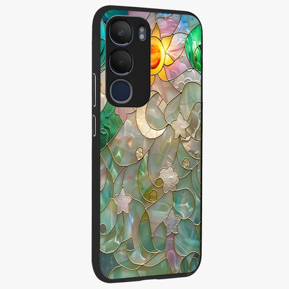 Stained Sunrise Glow Glass Case upright view showcasing colorful sunrise artwork with warm morning theme.