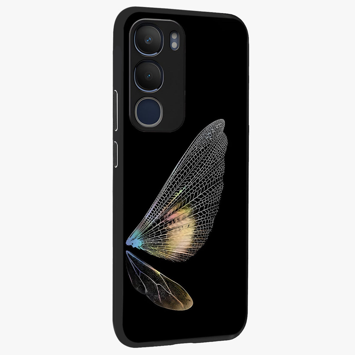 Whispers Of Wings Glass Case upright view showcasing elegant wing artwork with light airy theme.