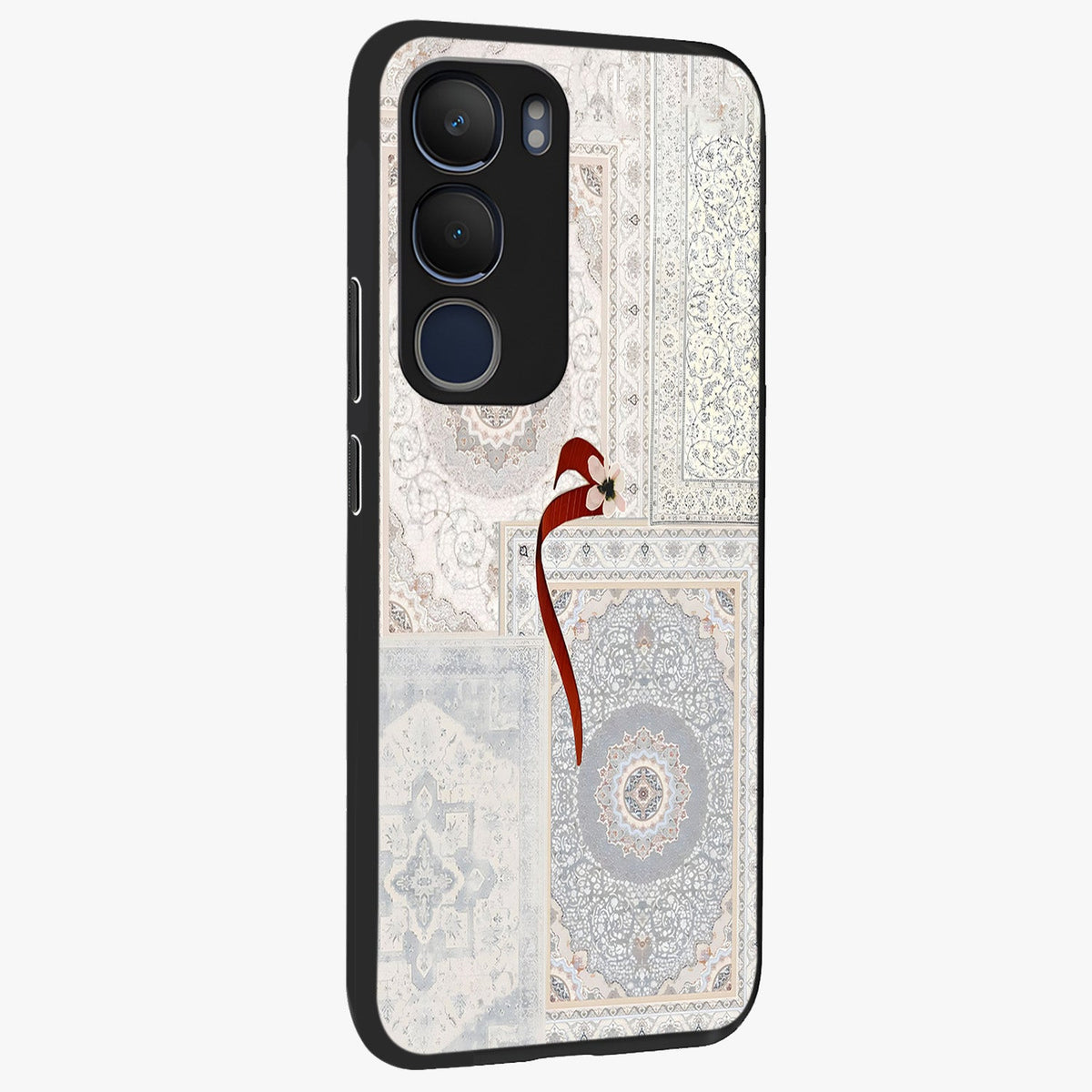 White Aesthetic Bow Glass Case upright view showcasing delicate ribbon bow artwork with cute minimalist theme.