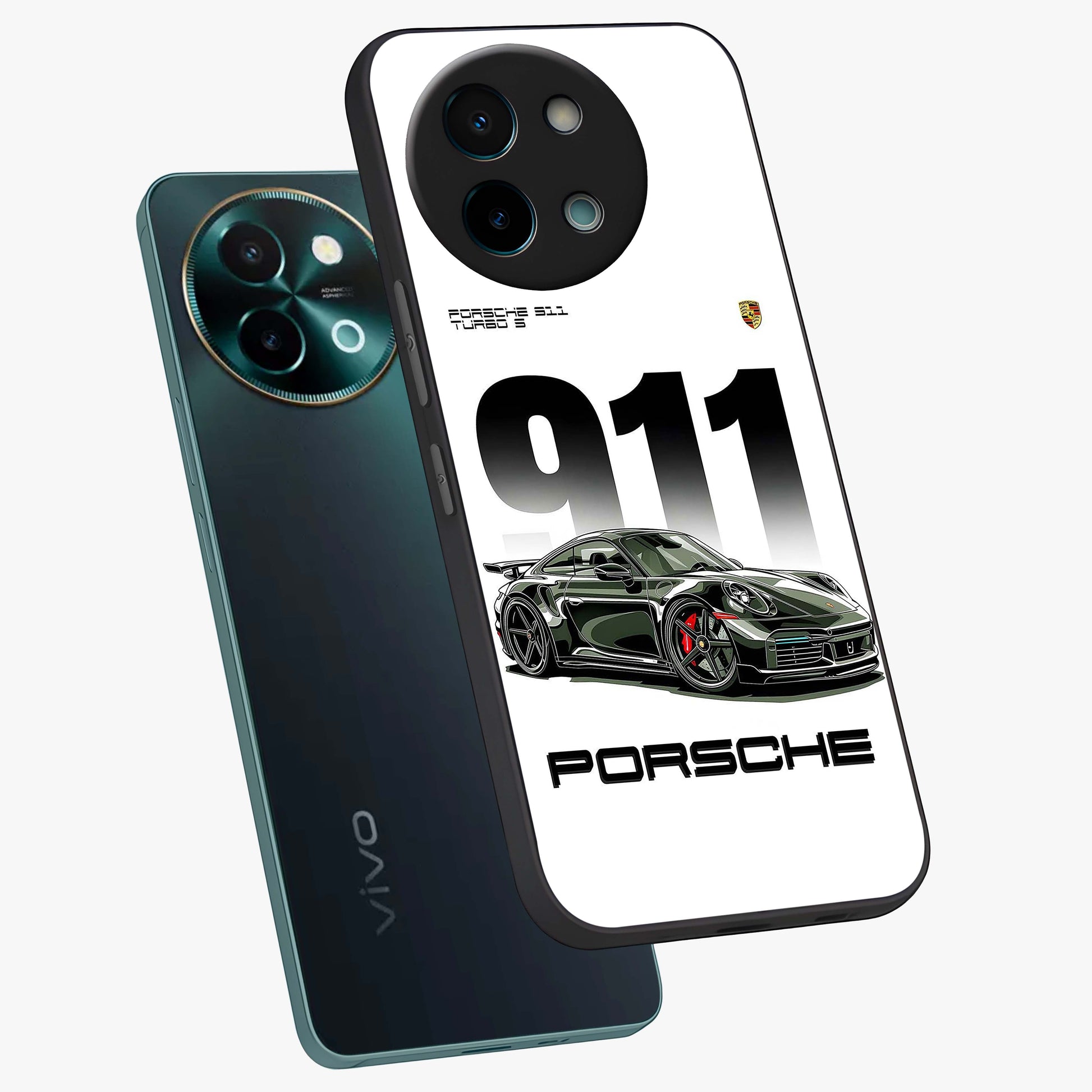 911 Turbo Dominance Glass Case displayed in premium angled mockup highlighting sporty car illustration and sleek glass surface.