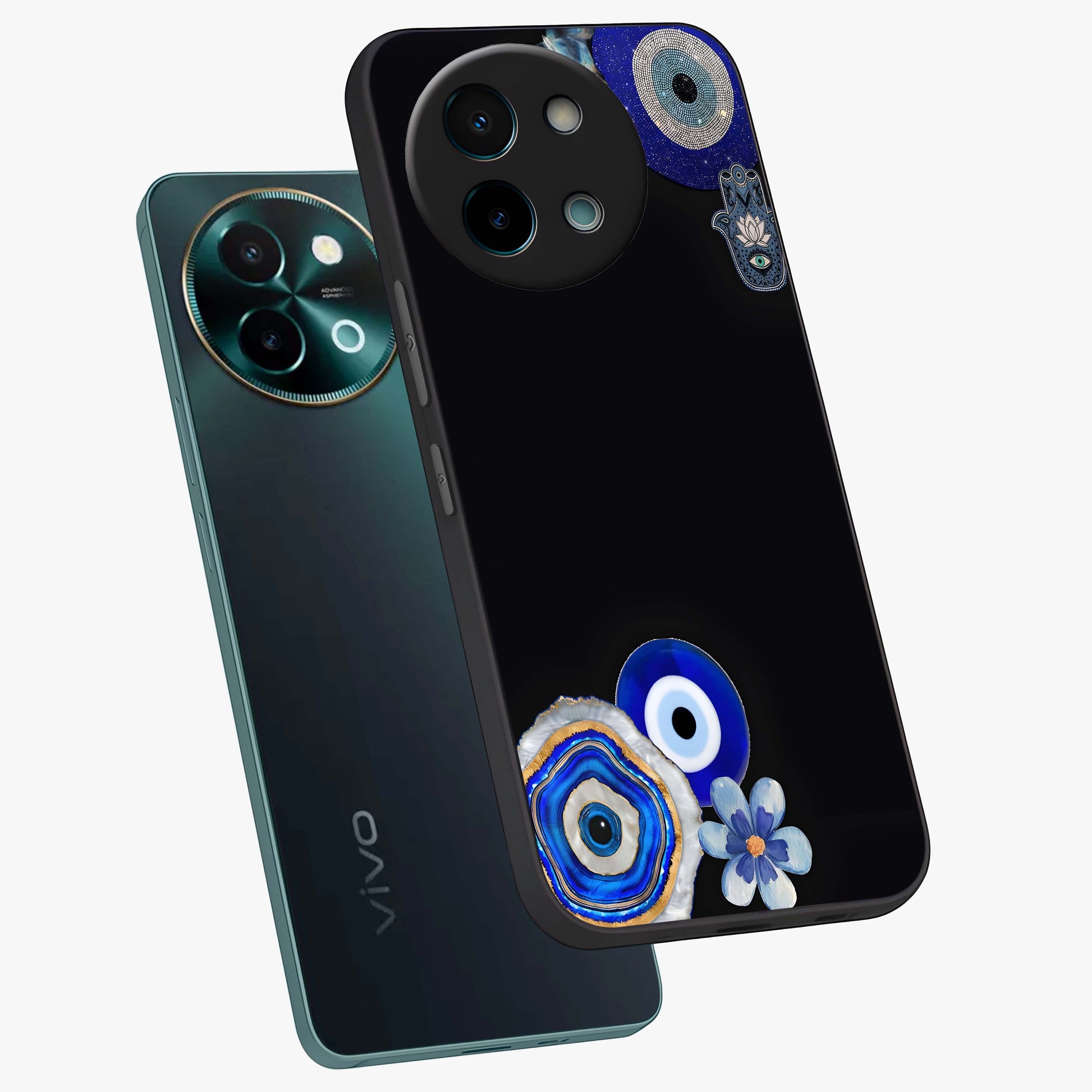 Aesthetic Blue Evil Eye Glass Case displayed in angled mockup highlighting blue evil eye symbol and spiritual aesthetic design.