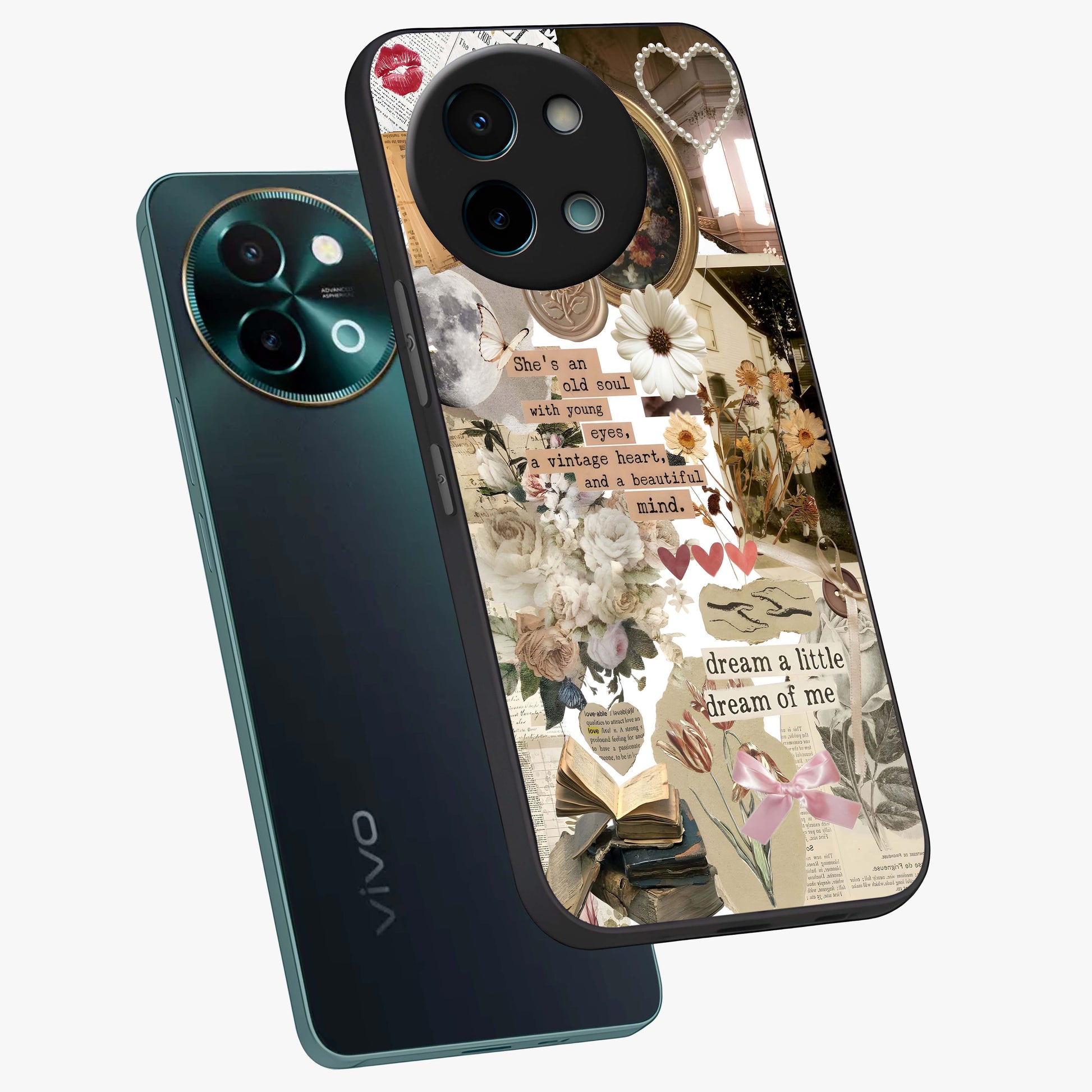 Aesthetic Brown Vintage Collage Glass Case displayed in angled mockup highlighting vintage aesthetic collage design.