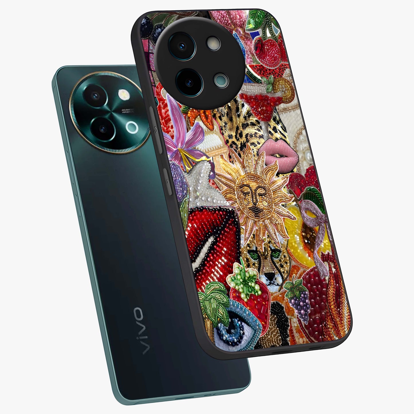 Beaded Fashion Jungle Glass Case displayed in angled mockup highlighting colorful fashion bead design and artistic pattern.