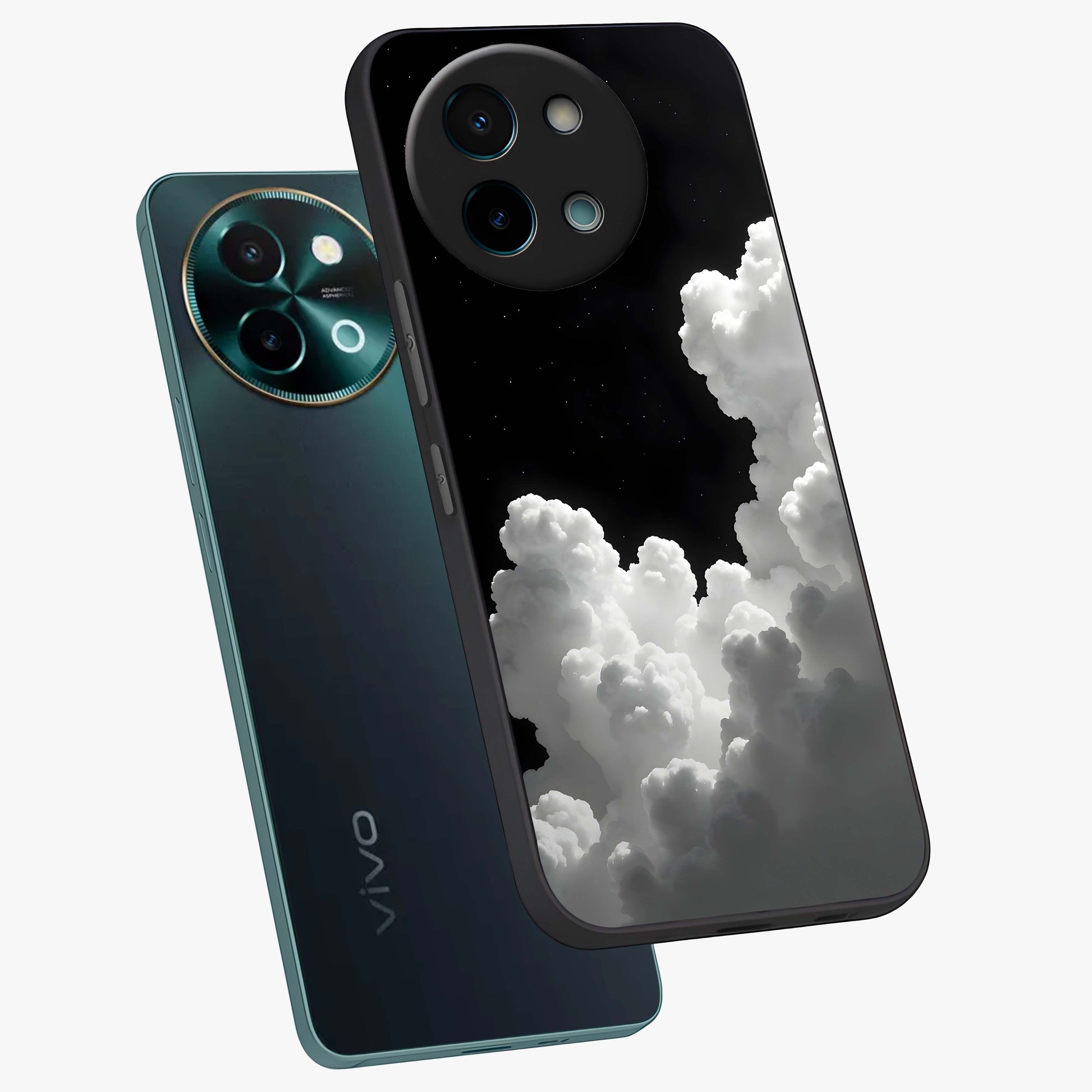 Black Background With White Cloud Glass Case displayed in angled mockup highlighting soft white cloud illustration and minimal design.