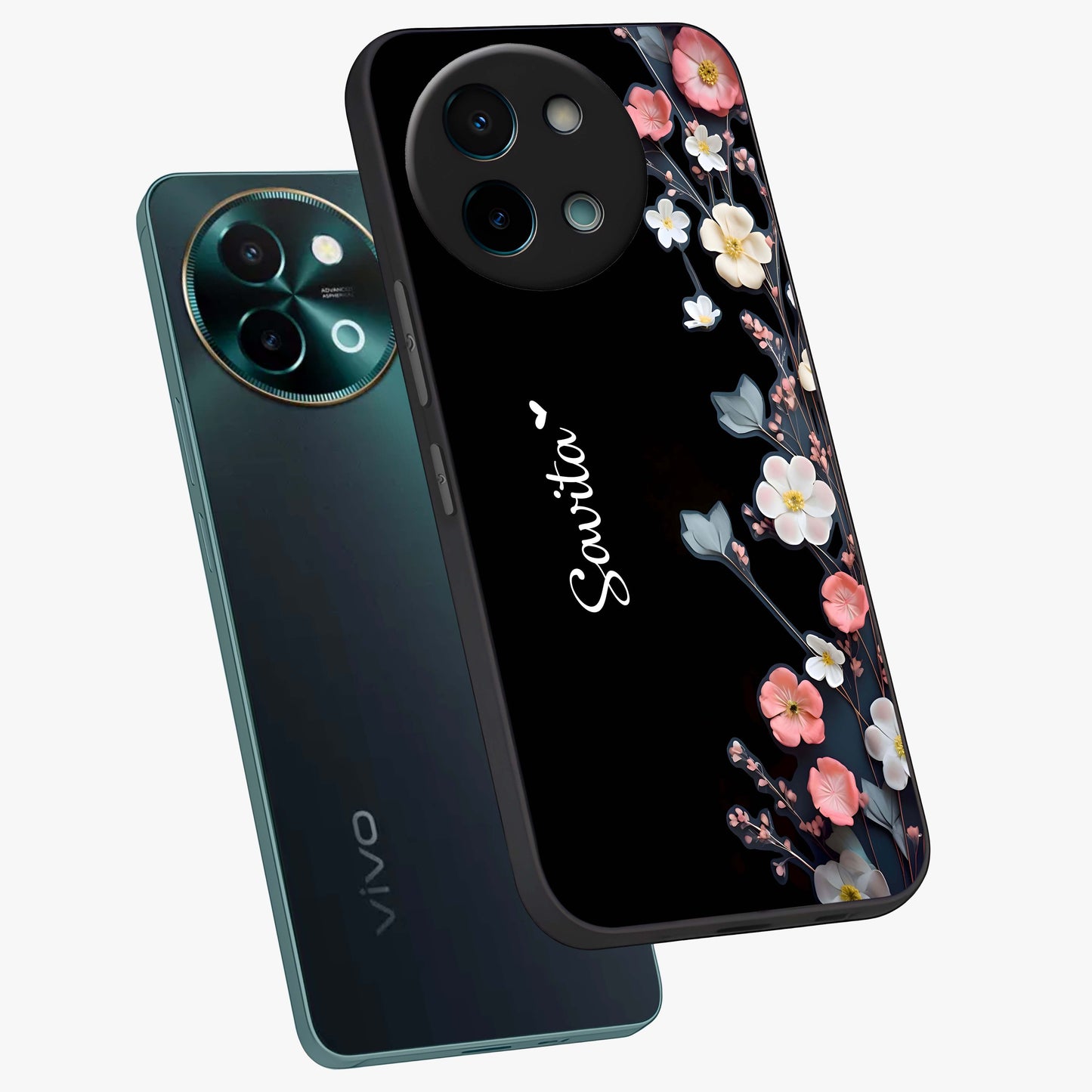 Black Elegance Floral Custom Name Glass Case displayed in angled mockup highlighting dark floral aesthetic and custom name feature.