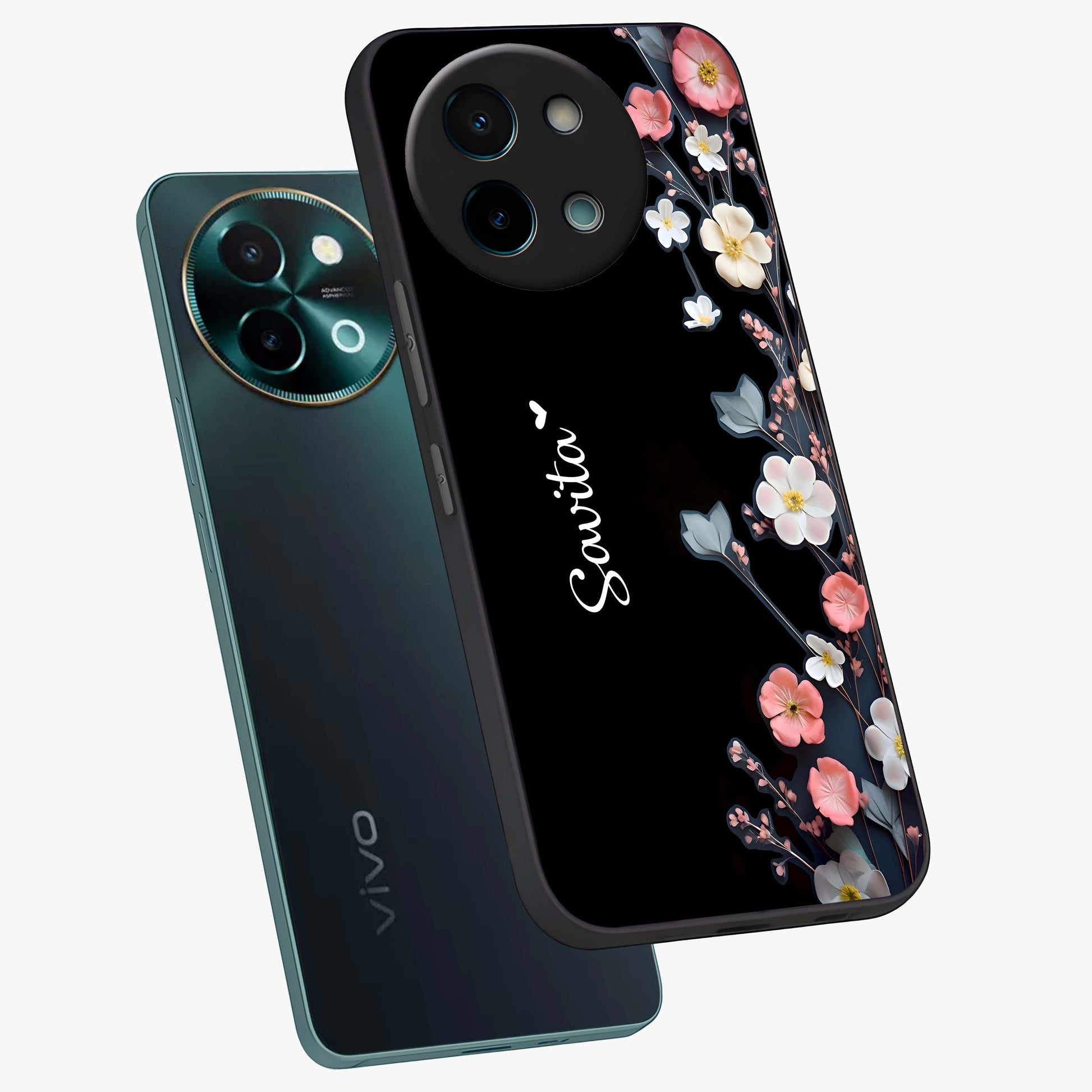 Black Elegance Floral Custom Name Glass Case displayed in angled mockup highlighting dark floral aesthetic and custom name feature.