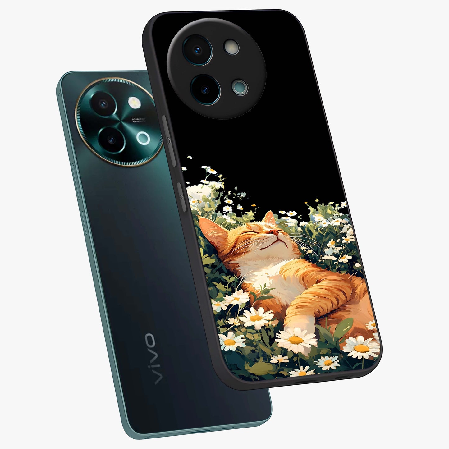 Blissful Bloom Cat Glass Case displayed in angled mockup highlighting playful feline illustration with soft floral aesthetic.