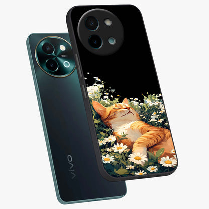 Blissful Bloom Cat Glass Case displayed in angled mockup highlighting playful feline illustration with soft floral aesthetic.