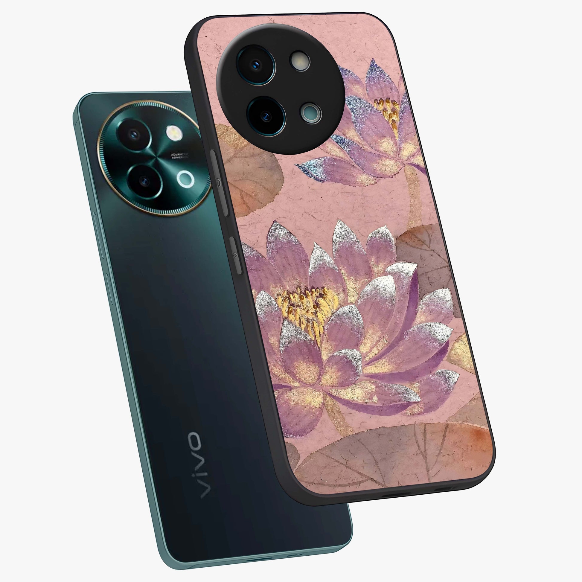 Blossom Mist Lotus Glass Case displayed in angled mockup highlighting delicate lotus illustration with calm aesthetic theme.