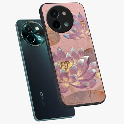 Blossom Mist Lotus Glass Case displayed in angled mockup highlighting delicate lotus illustration with calm aesthetic theme.