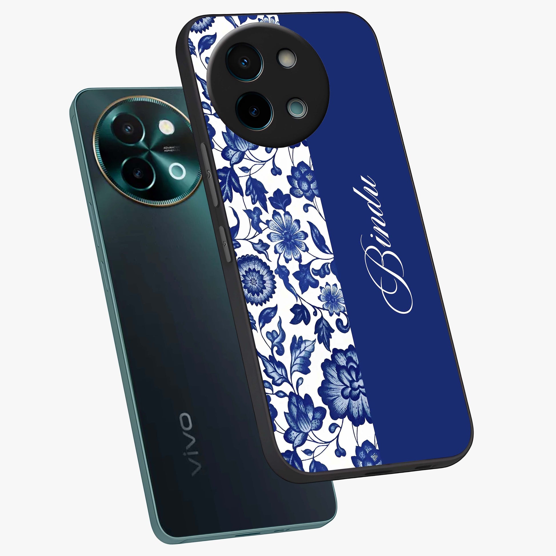 Blue Vintage Floral Pattern Glass Case displayed in angled mockup highlighting subtle bloom pattern with aesthetic pastel design.