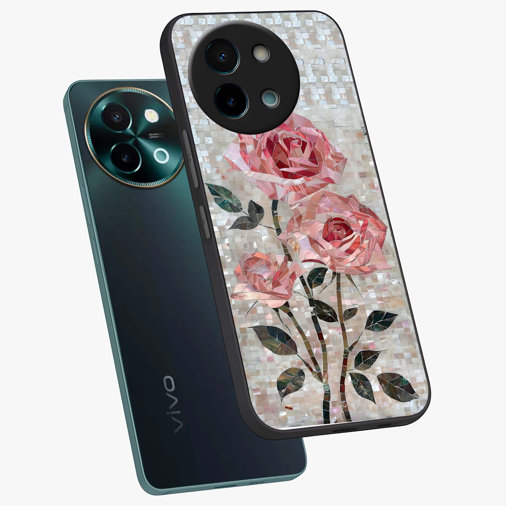 Blush Mosaic Bloom Glass Case displayed in angled mockup highlighting artistic mosaic flower pattern with aesthetic design.