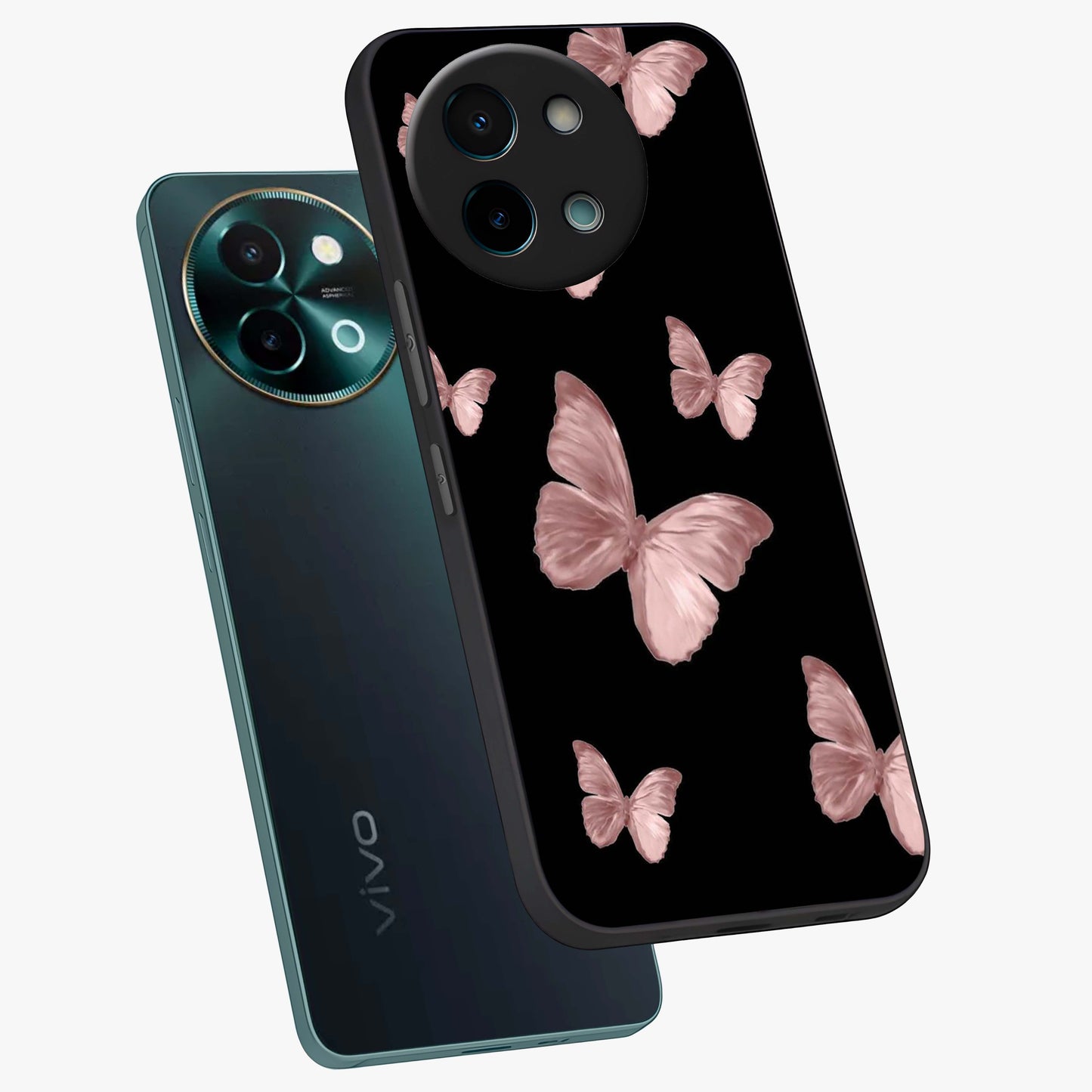 Butterfly Pattern Glass Case displayed in angled mockup highlighting delicate butterfly design and aesthetic pattern style.