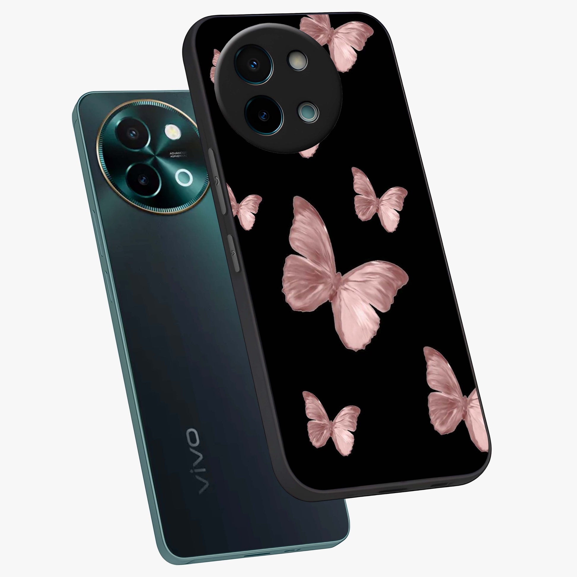 Butterfly Pattern Glass Case displayed in angled mockup highlighting delicate butterfly design and aesthetic pattern style.