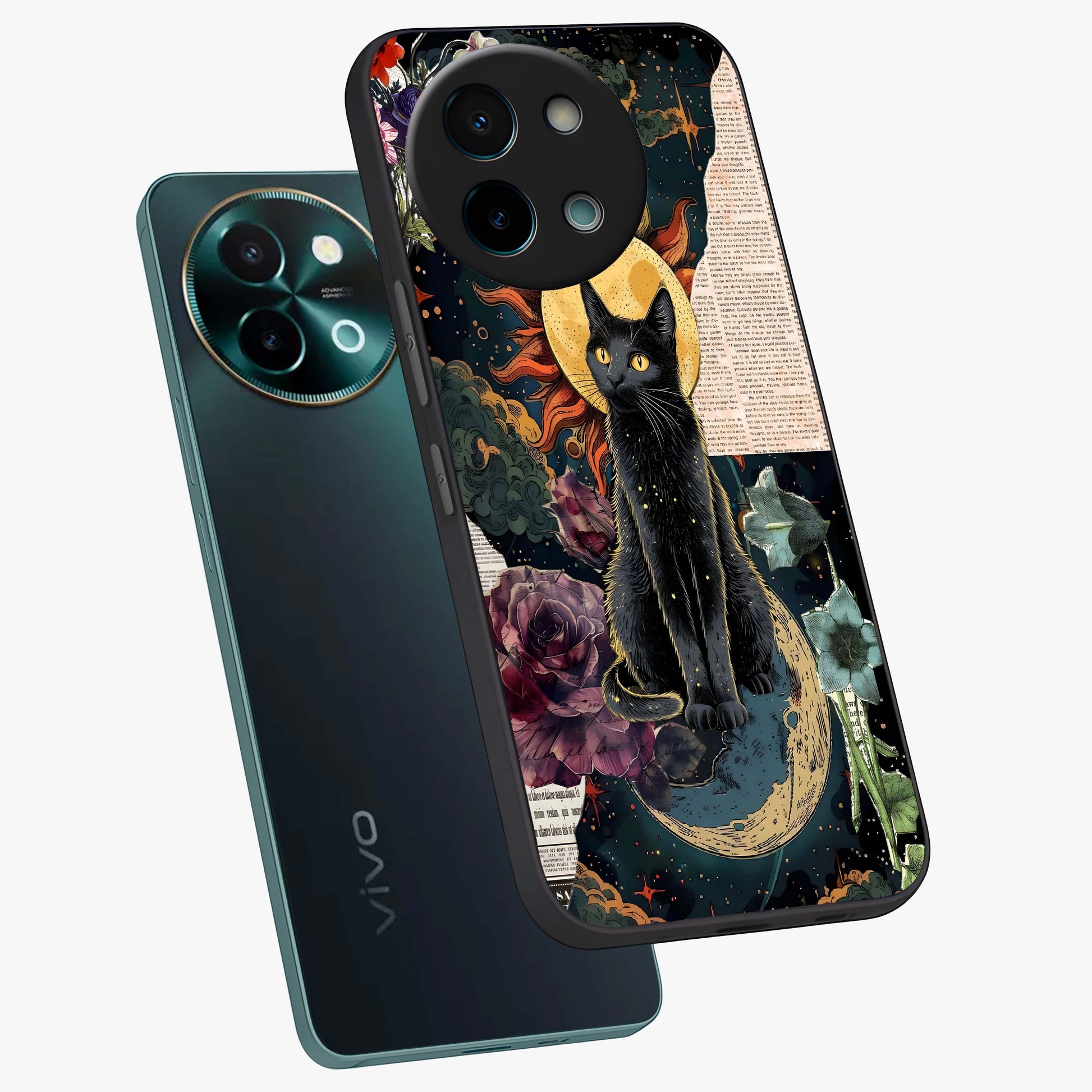 Celestial Black Cat Glass Case displayed in angled mockup highlighting cosmic black cat design with celestial aesthetic.