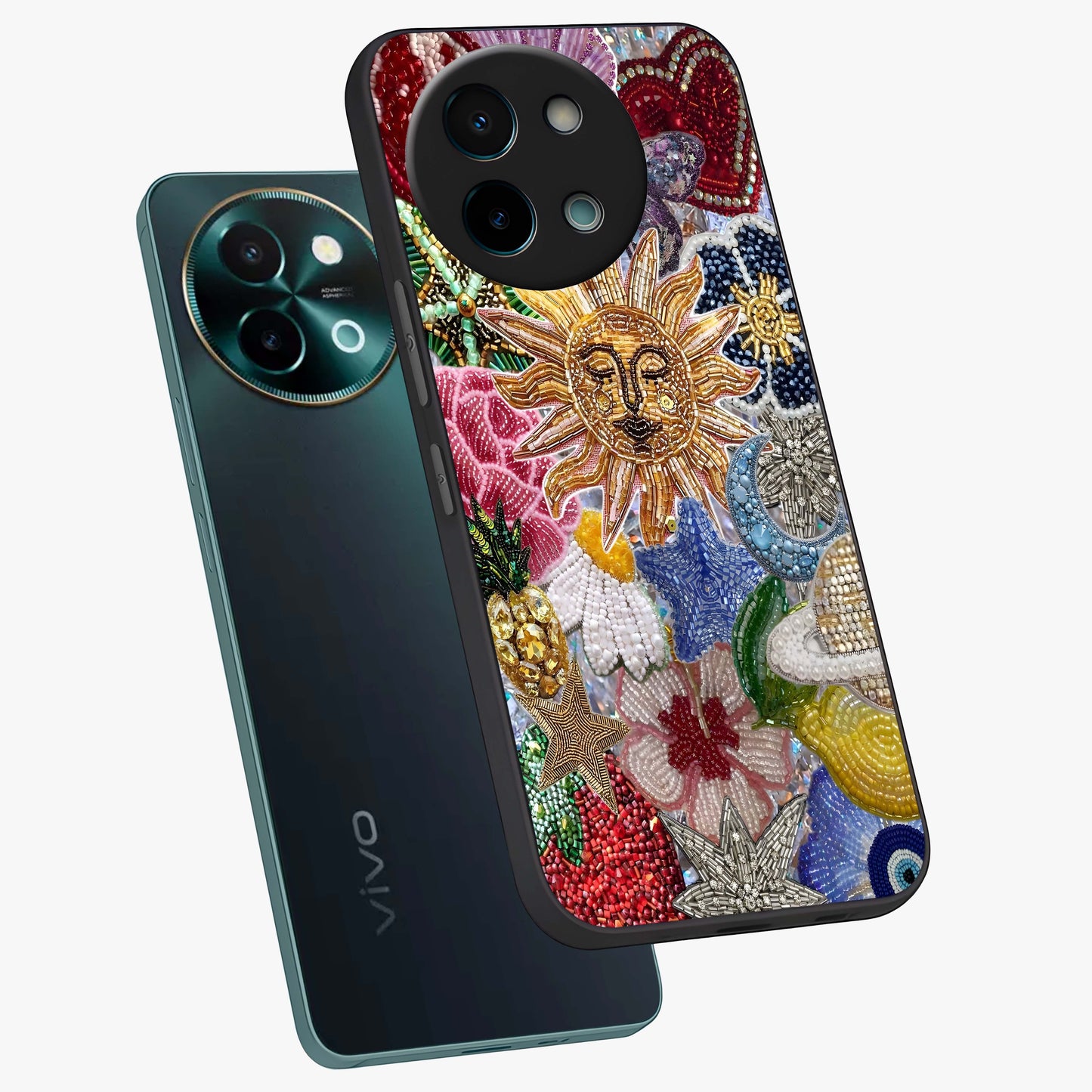 Celestial Floral and Playful Glass Case displayed in angled mockup highlighting playful floral design with dreamy celestial elements.