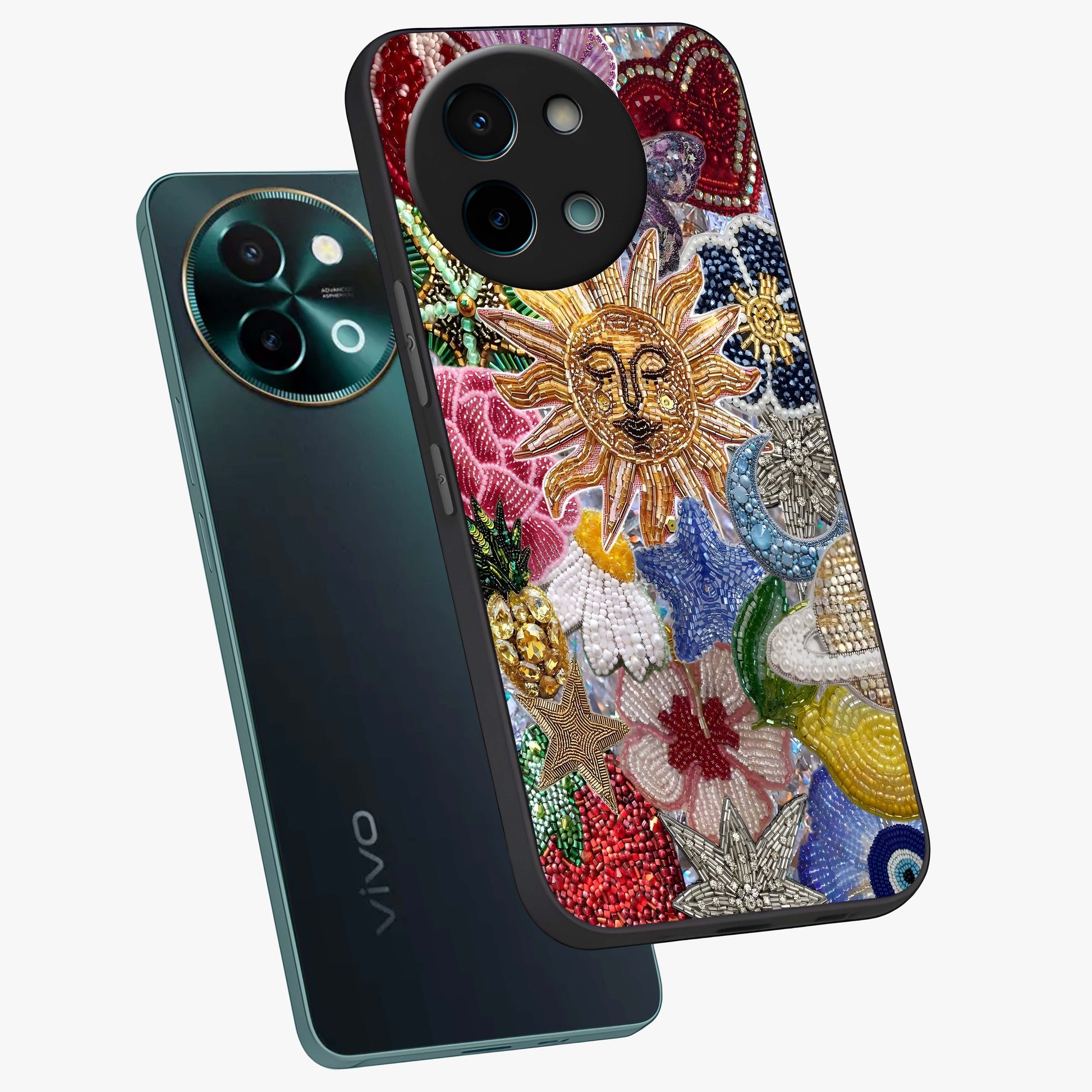 Celestial Floral and Playful Glass Case displayed in angled mockup highlighting playful floral design with dreamy celestial elements.