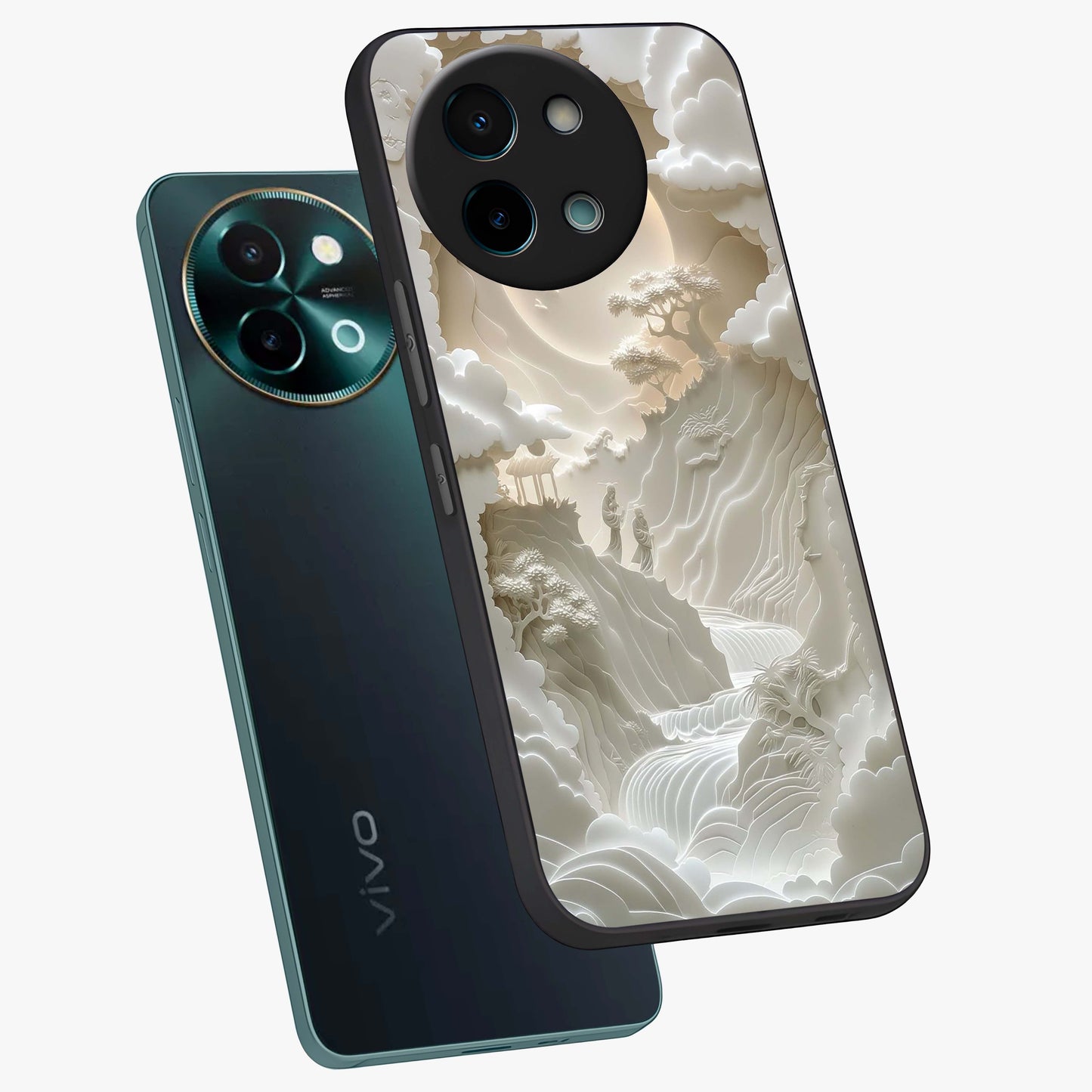 Celestial Origami Glass Case displayed in angled mockup highlighting geometric origami design with cosmic aesthetic theme.