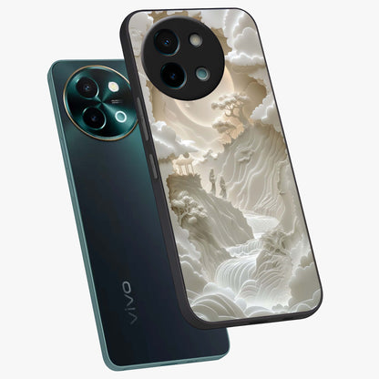 Celestial Origami Glass Case displayed in angled mockup highlighting geometric origami design with cosmic aesthetic theme.