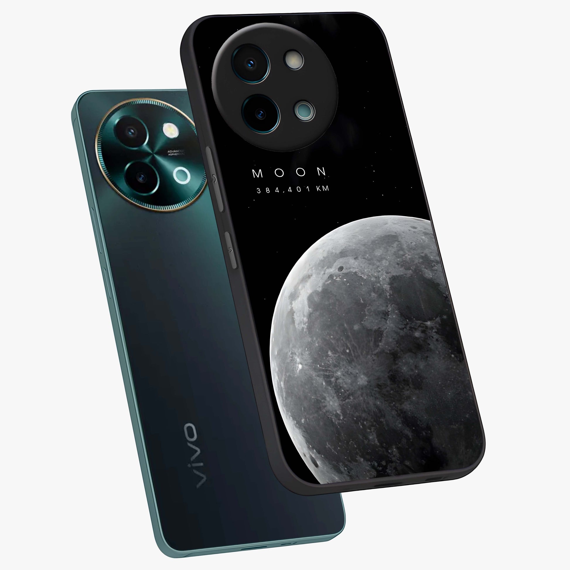 Cosmic Moon Glow Glass Case displayed in angled mockup highlighting celestial moon design with cosmic aesthetic theme.