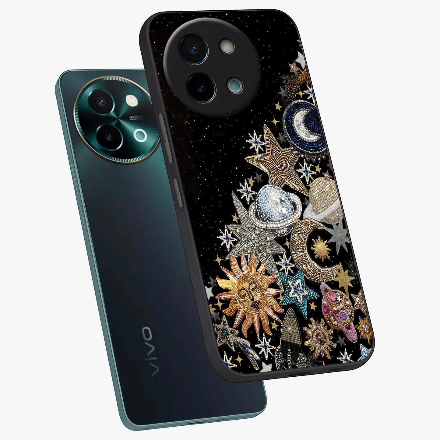 Cosmic Sparkle Dreams Glass Case displayed in angled mockup highlighting dreamy star sparkle design with celestial aesthetic.