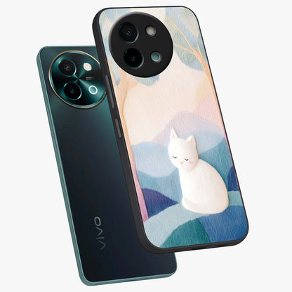 Cotton Dream Cat Glass Case displayed in angled mockup highlighting cute feline illustration with pastel aesthetic style.