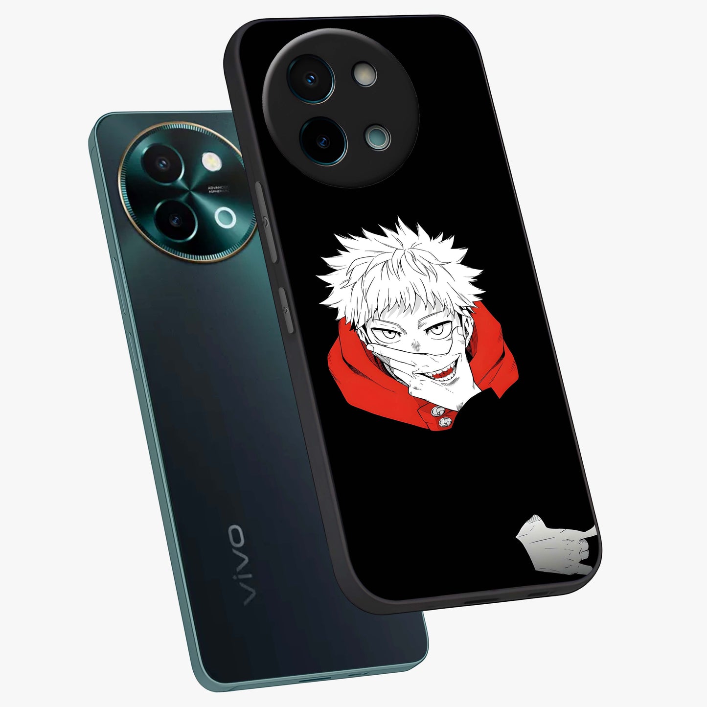 Crimson Chaos Smile Glass Case displayed in angled mockup highlighting edgy crimson smile design with graphic aesthetic.