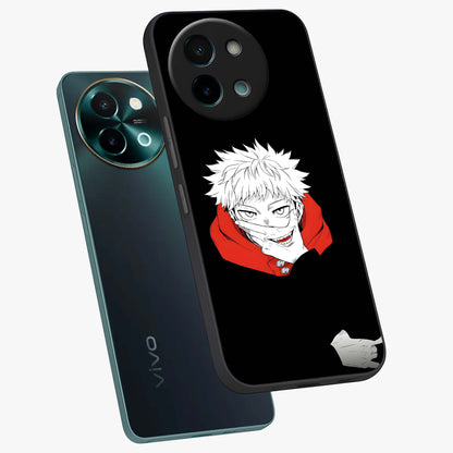 Crimson Chaos Smile Glass Case displayed in angled mockup highlighting edgy crimson smile design with graphic aesthetic.