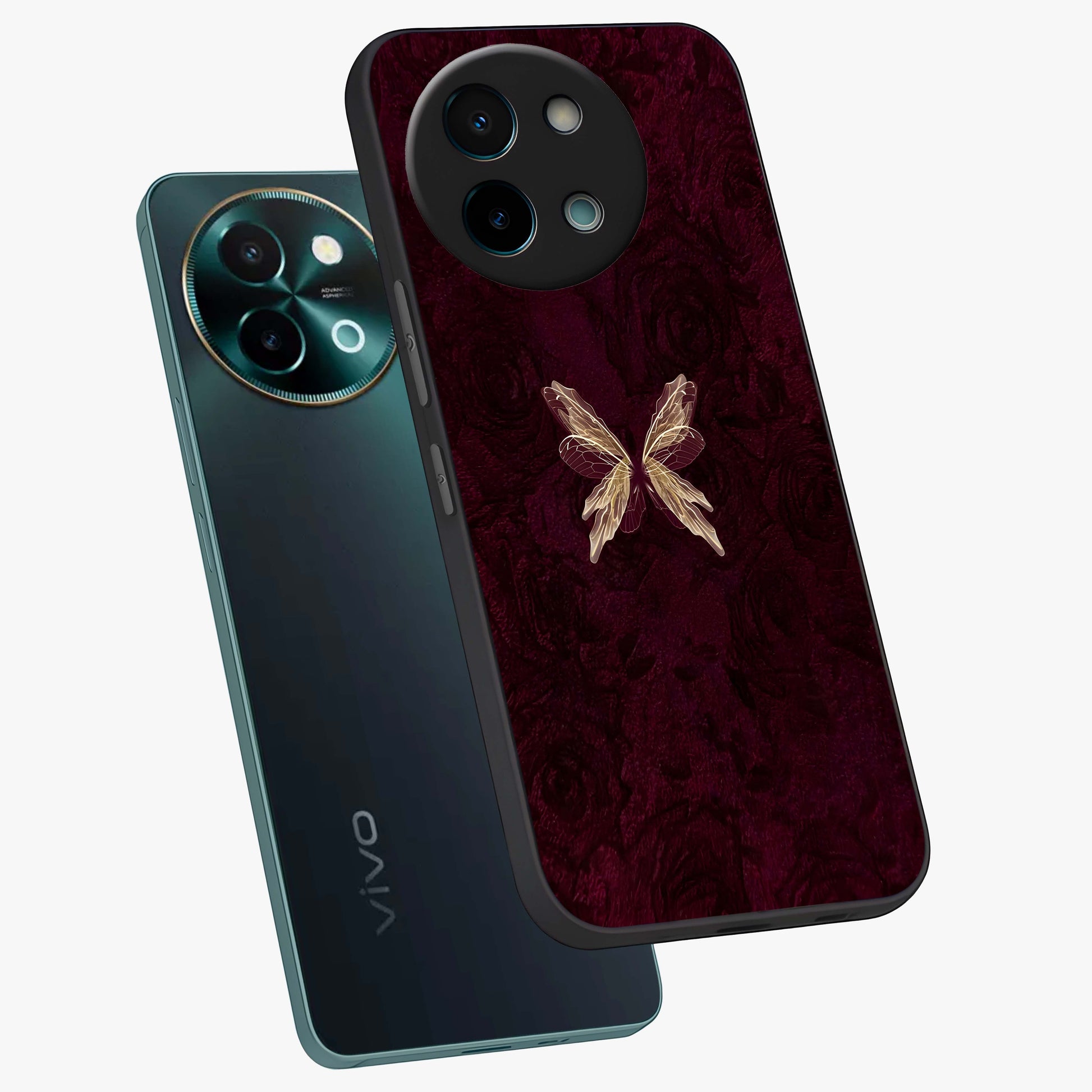 Crimson Fade Butterfly Glass Case displayed in angled mockup highlighting elegant butterfly design with crimson gradient aesthetic.