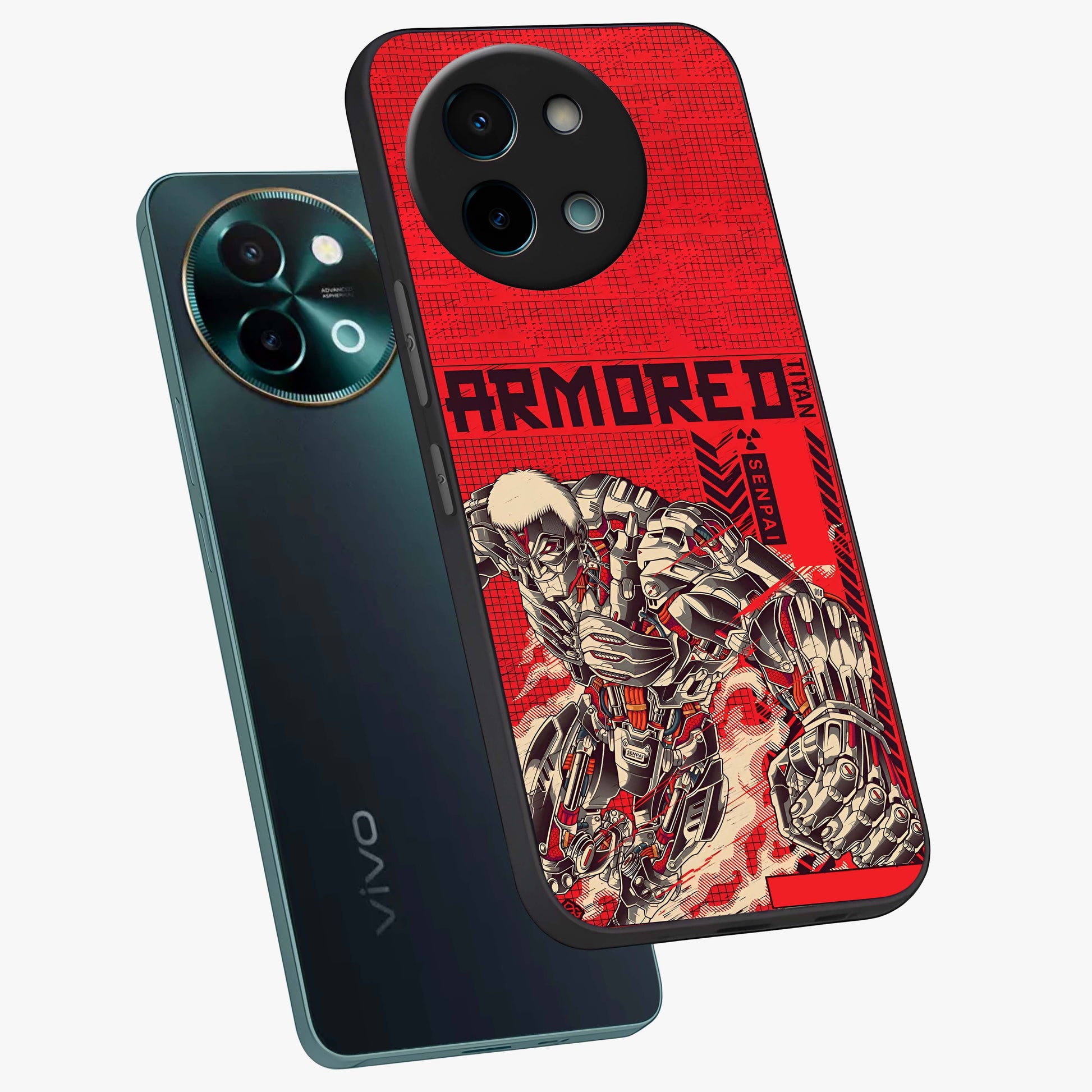 Crimson Mecha Titan Glass Case displayed in angled mockup highlighting futuristic mech illustration with bold crimson aesthetic.
