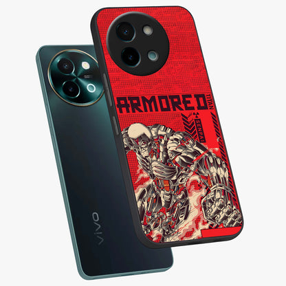 Crimson Mecha Titan Glass Case displayed in angled mockup highlighting futuristic mech illustration with bold crimson aesthetic.